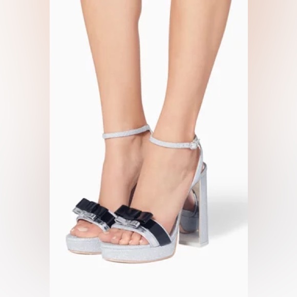 SOPHIA WEBSTER Silver Andie 125 Glitter Bow Leather Sandals - Picture 1 of 14
